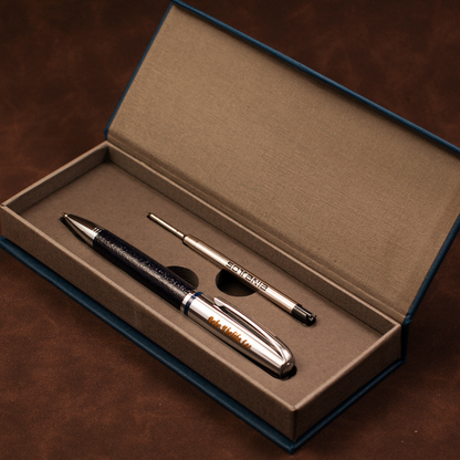 Personalized Silver Executive Pen – Navy Grip | Laser Engraved Custom Gift