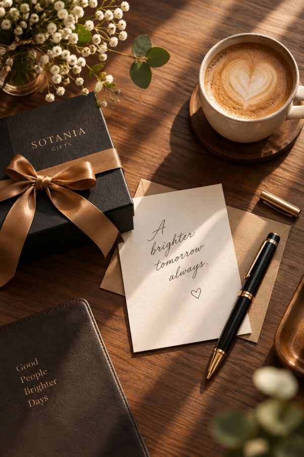 A styled flat-lay on a wooden table featuring a black gift box with a gold ribbon and the brand name SOTANIA, a cream card reading 'A brighter tomorrow always', a black and gold pen, a dark journal, a cup of latte with heart-shaped foam art, and small white flowers.