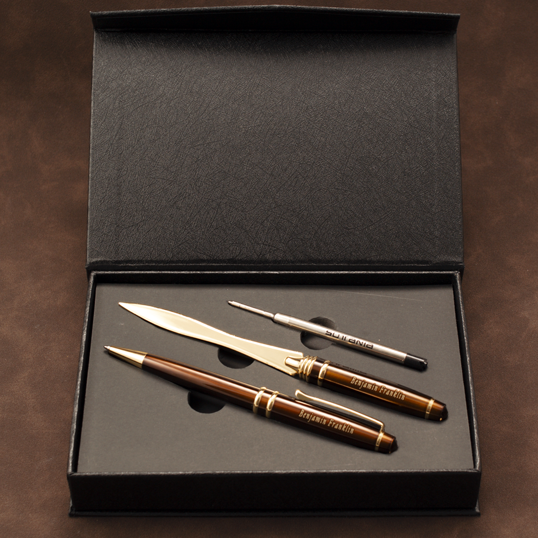 Personalized Engraved Executive Pen & Gold Letter Opener Gift Set – Brown