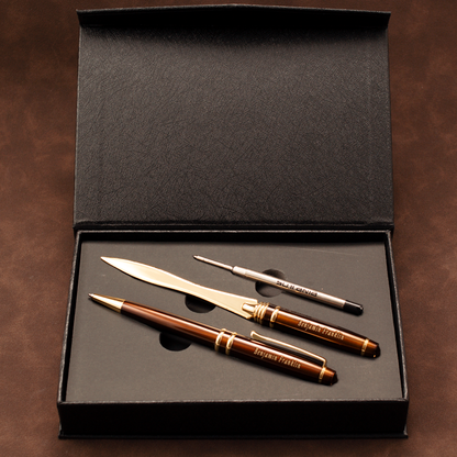 Personalized Engraved Executive Pen & Gold Letter Opener Gift Set – Brown