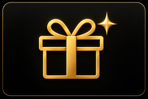 A gold gift box icon with a bow and ribbon on a black background, with a small gold sparkle in the upper right corner.