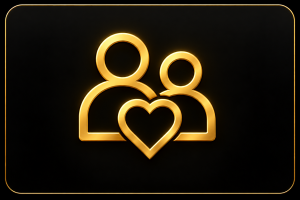 A glowing gold icon of two people with a heart in the center, set against a black background with a thin gold border.