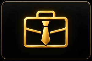 A gold digital icon of a briefcase with a tie on a black background with a thin gold border.