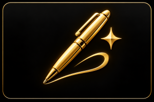 A shiny gold pen with a matching gold ribbon bookmark, set against a black background with a gold border and a small gold sparkle graphic.