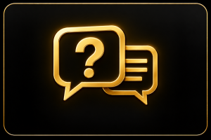 A digital graphic featuring two golden speech bubbles with a question mark and list icons, set against a black background with a thin gold border.