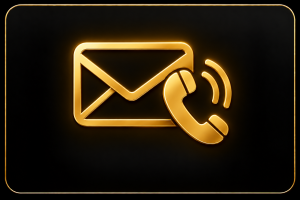A glowing gold envelope and telephone receiver icon on a black background with a thin gold border.