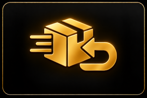 A glowing gold digital icon depicting a package with a curved arrow, set against a black background with a thin gold border.