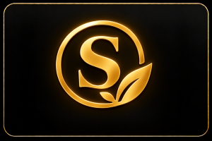A glowing gold circular logo with a stylized letter S and leaf motif on a black background with a thin gold border.