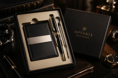 A luxury gift set by Sotania, featuring a black leather wallet with a silver band, a black and gold pen, and a pen stand inside a black presentation box, with the brand box lid next to it on a dark wooden desk.