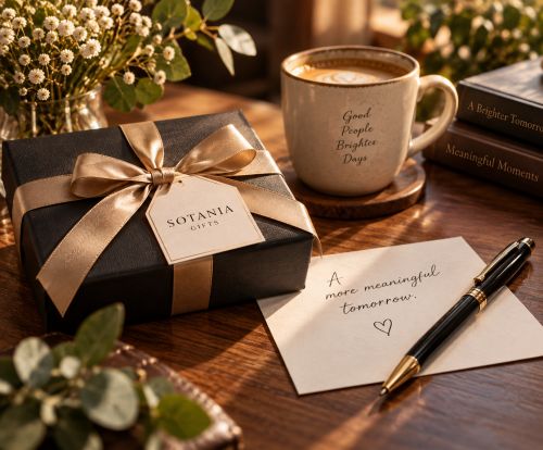 A black gift box tied with a satin ribbon and a branded tag reading SOTANIA GIFT, styled on a wooden table beside a mug, books, flowers, and a note card with a pen.