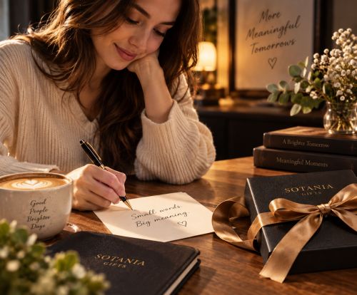 A woman in a cream knit sweater sits at a wooden table, writing in a small note with a black pen. Several black journals with gold 'SOTANIA GIFT' lettering are arranged on the table, alongside a coffee cup, a gold ribbon, and a stack of books.