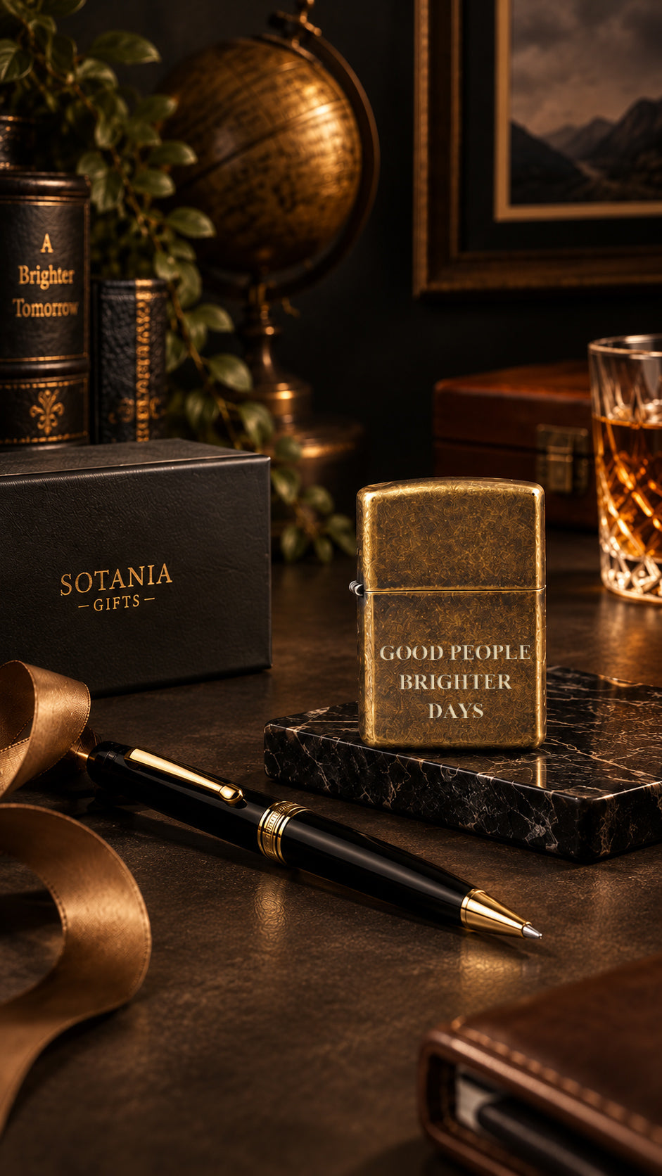 A small rectangular gold-toned lighter engraved with 'GOOD PEOPLE BRIGHTER DAYS' sits on a dark marble block beside a black gift box labeled 'SOTANIA GIFTS' and a black-and-gold pen on a dark wooden table. The scene is styled with books, a globe, a glass of amber liquid, and warm ambient lighting.