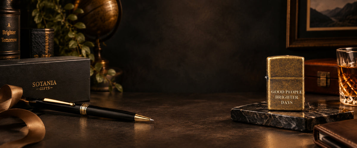 A gold Zippo-style lighter engraved with 'GOD'S PEOPLE BRIGHTER THAN DXR' sits on a dark marble coaster on a dark wooden table, styled with a black pen, a branded Sotania gift box, and a glass of whiskey.